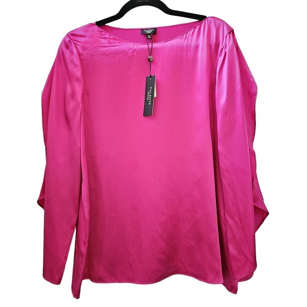 NWT Talbots Womens 14P 100% Silk Blouse Top Tunic Overlap Petal Sleeve‎ Career